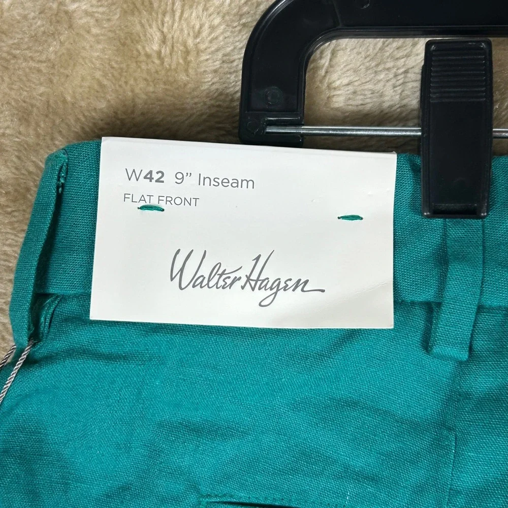 Walter Hagen Mens 42 Clubhouse Linen Golf Shorts Green Flat Front 9 Inseam NEW